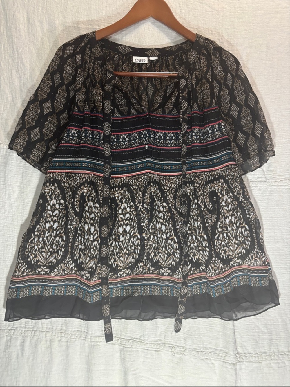 Cato Black Boho Tie-Front Tunic with Multicolor Stripe Details - Picture 1 of 11